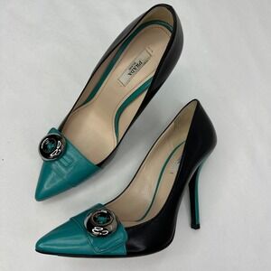 Prada Capretto Turchese Bicolor Black Turquoise Leather Pumps 37.5 1I497D